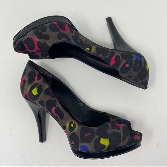 Nine West Danee Neon Leopard Print Peep Toe Heels Platform Women's 6M - Picture 5 of 11